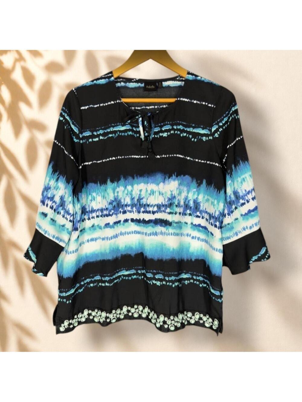 Rafaella Blouse Women M Medium Black Striped 3/4 Sleeve Tasseled Rhinestone